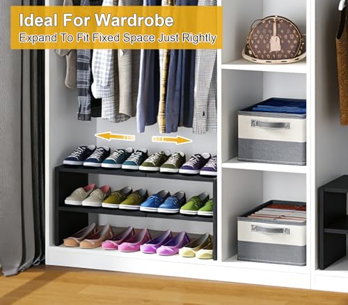 Black Shoe Rack Organizer for Closet, 2-Tier Expandable Shoe Shelf, Stackable Iron Wood Combination Small Shoe Racks Shelves for Closets, Entryway,Small Space,Hallway,Garage,6-12 Pairs - color: Black, size: 1 Pack (2 Tier)
