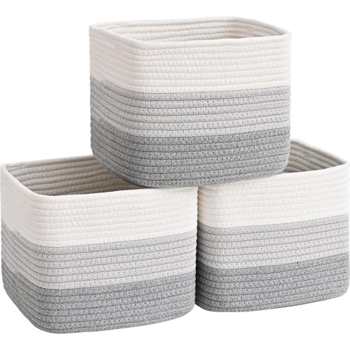 3 Pack Cube Storage Bin, 9”x9”x7” Cotton Rope Woven Baskets for Organizing Toys Clothes Towels, Square Gift Storage Baskets for Shelves, Nursery, Closet, Bathroom, Pantry (3-Tone Gray) - color: 3-Tone Gray, size: 9" x 9" x 7"