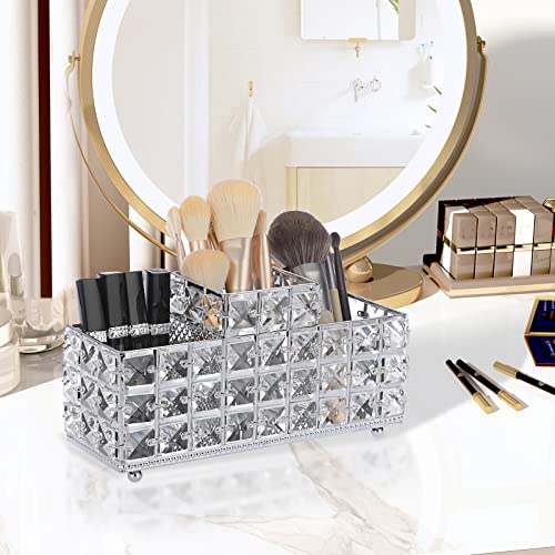 Hipiwe Crystal Remote Control Holder Bling Makeup Brush Holder Organizer Desktop Cosmetics Brushes Storage Cup Pen Pencil Storage Pot Cup for Dresser Bathroom Office, 3 Slot - style: 3-Slot, Silver