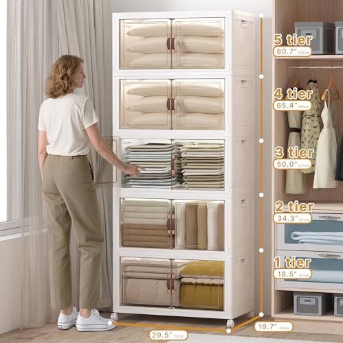 UAMFURI Extra Large Stackable Storage Bins with Lids & Wheels, Foldable Plastic Storage Bins (1, White, 30"x20"x80",840QT) - color: white, size: 5PACK-30"W20"D80"H