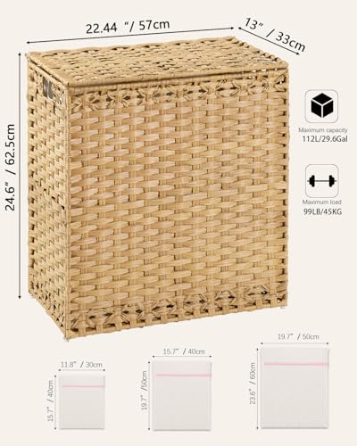 SETVSON Laundry Hamper with Lid Wicker Laundry Basket 112 L (29.6 Gal) Laundry Hampers Handwoven Rattan Clothes Hamper with Handles 3 Removable Liner Bag, 6 Mesh Bags for Bathroom Bedroom Natural - color: Natural, size: 29.6 Gal