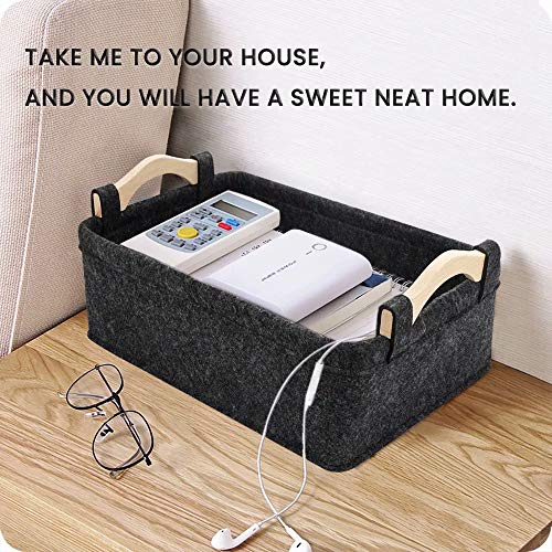 Small Storage Baskets Felt Rectangle Basket Storage Bins for DVD CD Record Cord Books Video Electronics Items Remote TV Cabinet Organizer with Handles - color: dark gray, size: 11.4 x 7.1 x 3.9 Inch (Pack of 1)