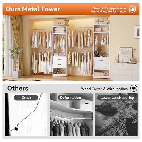 Metal Closet System, 4FT-8FT Closet Organizer System with 4 Expandable Hanging Rods and Metal Tower,79"H Walk in Closet System with 2 Drawers and Shelving,Built in Closet,Wall Mount,White