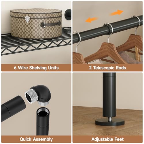 Wall Mounted Garment Rack, Walk-in Closet System with Expandable Rods, Adjustable Shelves, Industrial Pipe Clothing Racks, Hanging Clothes Organizers and Storage, Metal Closet Shelving Wardrobe - color: Black