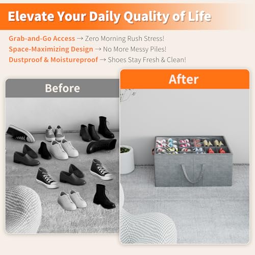 Aokeyee 2 Pack Shoe Organizer for Closet, Large Shoe Storage Box Fits up to 48 Pairs, Space Saving Foldable Shoes Organizer Bin w/Clear Cover and 4 Reinforced Handles, Grey - color: Grey, size: Fits up to 48 Pairs