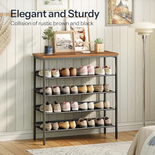 HOOBRO Shoe Rack for Entryway, 5-Tier Shoe Organizer with Adjustable Mesh Shelves, 16-20 Pairs of Shoes, Spacious Floor Mount, Metal, Industrial, Shoe Shelf for Closet, Rustic Brown BF12XJ01 - color: Rustic Brown + Black, size: 29.5"W x 11.8"D x 31.8"H