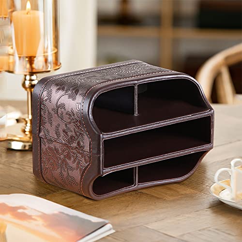 Fanousy 360° Rotating Remote Control Holder, PU Leather TV Remote Caddy Organizer Basket Storage Box with 5 Compartments for Pen, Pencil, Art Supplies, Makeup Brush, Office Desk Table Accessories - color: Antique