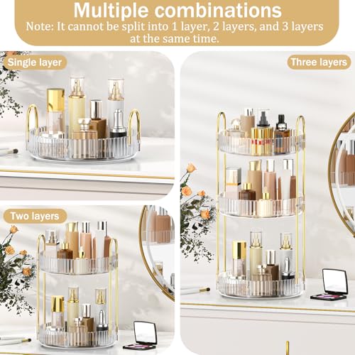 MOKANI 360 Rotating Makeup Organizer for Vanity, 3 Tier Adjustable Perfume Organizer for Dresser, Multi-Function Spinning Cosmetics Skincare Storage for Bedroom, Dresser, Countertop, Clear - color: B-Clear, size: 3 Tier