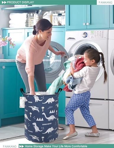 FANKANG Storage Basket, Nursery Hamper Canvas Laundry Basket Foldable with Waterproof PE Coating Large Storage Baskets for Kids Boys and Girls, Office, Bedroom, Clothes,Toys(Blue dinosaur) - color: Blue dinosaur
