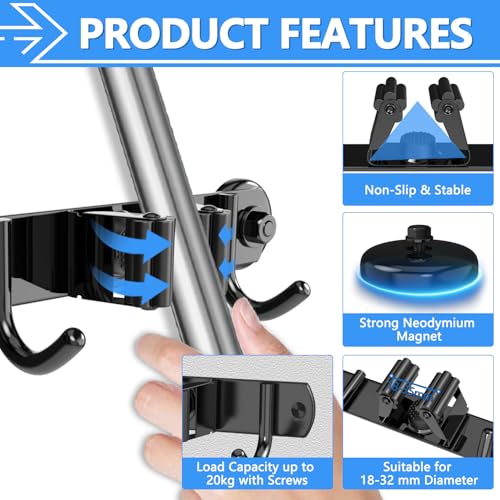 3-H Magnetic Broom Holder Wall Mount 2 Pack, 2-in-1 Dual Mount (No Drill or Screw Fix), 304 Stainless Steel Heavy Duty Magnet Mop Broom Organizer for Kitchen Garden Garage(3 Racks & 4 Hooks,Black) - color: Black, size: 2pc & 3R4H