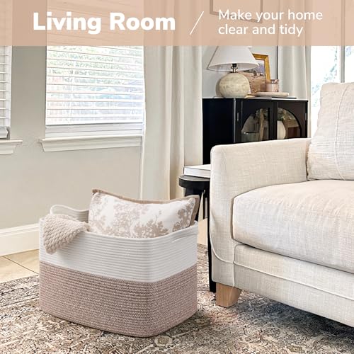 Goodpick Woven Baskets for Organizing, Rectangle Toy Baskets Storage Kids, Rope Storage Basket with Handles, Large Blanket Basket for Living Room, 18 x 14 x 12 Inches - color: Brown, size: 18"L x 14"W x 12"H