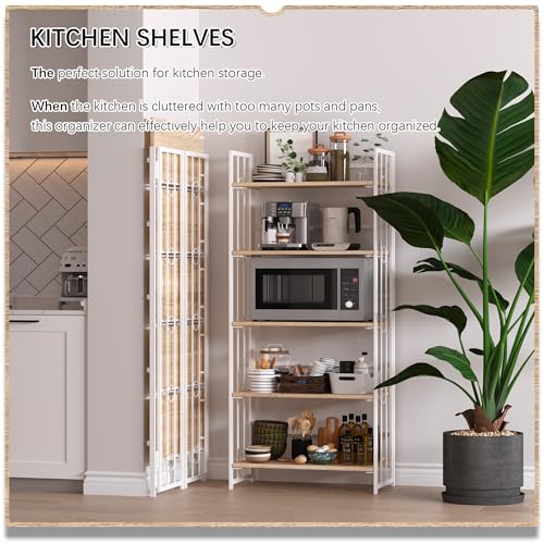 4NM No Assembly 5 Tiers Folding Bookshelf, 59.4" H Foldable Storage Shelves Vintage Bookcase Standing Racks Study Organizer Home Office - Natural White - color: Natural White, size: 5-Tier