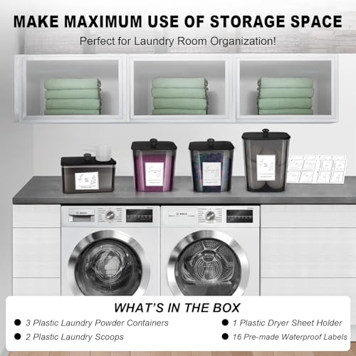 Zingbee 4 Pack Laundry Detergent Containers & Dryer Sheet Holder with Black Lids, Scoops & Labels - Plastic Laundry Organizer and Storage Jars for Pods, Detergent, Scent Booster - color: Clear Grey-2