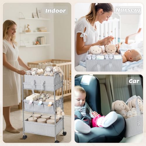 WILLBOND 2 in 1 Baby Diaper Caddy Organizer Cart, 3 Tier Large Stripe Bedside Rolling Cart Metal for Baby Essential with Divider for Newborn Registry Must Have Nursery Bedroom Mother Gift(Gray) - color: Gray