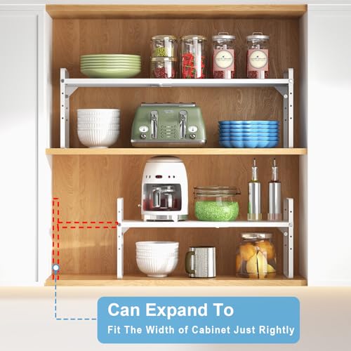 Set of 2 Expandable Cabinet Shelf Organizer, Stackable Kitchen Countertop Shelves Spice Racks, Small Storage Shelf For Cupboard Counter Tabletop, 30 LBS Heavy Duty, Adjustable, 13.8" to 21.6" Long - color: White, size: 2 Pack:13.8"-21.6"Long