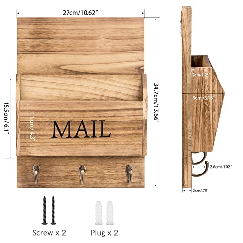 DLQuarts Mail Organizer with Key Holder for Wall Decorative Mail Sorter Wall Mounted, Wooden Mail Holder with 3 Hooks, Carbonized Brown - color: Carbonized Brown