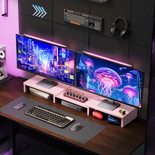 TAVR Dual Monitor Stand Riser, Computer Monitor Stands for 2 Monitors, Extra Long Multifunctional Desktop Organizer Riser for Computer, Laptop, PC, Printer, TV, Max 43.3" Length, Pink - color: Pink