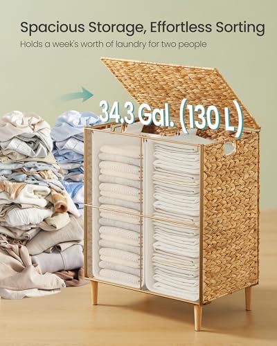SONGMICS Laundry Hamper 2 Sections, 34.3 Gal. (130 L) Handwoven Water Hyacinth Wicker Laundry Basket with Lid, Natural Material, Removable Machine Washable Liners, Handles, Natural ULCB202Y01 - color: Natural, size: 130 L (Handwoven)
