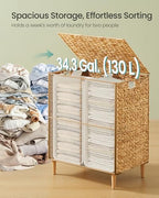SONGMICS Laundry Hamper 2 Sections, 34.3 Gal. (130 L) Handwoven Water Hyacinth Wicker Laundry Basket with Lid, Natural Material, Removable Machine Washable Liners, Handles, Natural ULCB202Y01 - color: Natural, size: 130 L (Handwoven)
