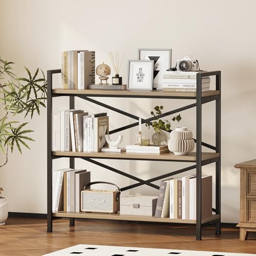 Homeiju 3 Tier Bookshelf 31.49" Width, Wood and Metal Etagere Bookcase, Vintage Farmhouse Modern Wooden Big Book Shelf for Home Living Room Bedroom Office Storage(Light Coffee) - color: Light Coffee, size: 3 Tier - 31.5" W