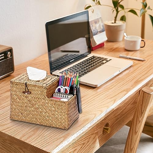 Sumnacon Square Woven Tissue Box Cover - Decorative Cube Tissue Box with Side Organizer, Rustic Seagrass Tissue Holder for Living Room Vanity Night Stand Table Countertop Office,Caramel - color: Caramel