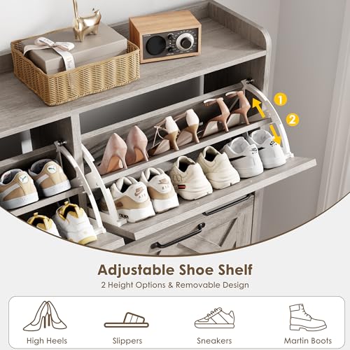Nicetree Shoe Cabinet with 4 Flip Drawers, Freestanding Shoe Organizer Cabinet, Farmhouse Narrow Shoe Storage Cabinet for Entryway, Foyer, Hallway, Gray - color: Grey, style: 4-Drawers