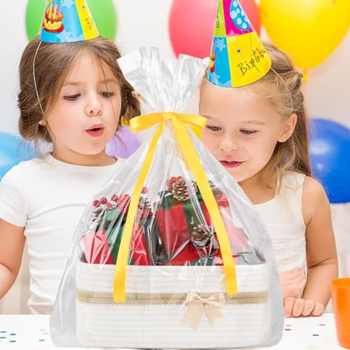 OIAHOMY Large Woven Storage Basket with Handles for Nursery Living Room Shelves, Bow Basket for Gifts Empty with Gift Bags and Ribbons for Baby Showers Pet Toy Bin - White - color: White