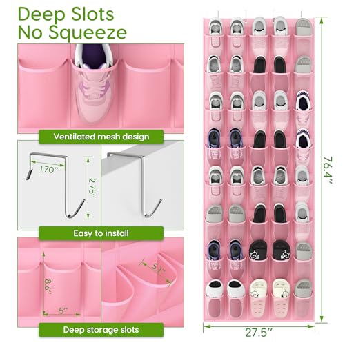 Unjumbly Over the Door Shoe Organizer with 40 Large Breathable Mesh Pockets, Space Saving Shoe Holder, Hanging Shoe Rack for Entryway Bedroom Closet Storage (Pink, 40 Pockets) - color: Pink, size: 40 Pockets