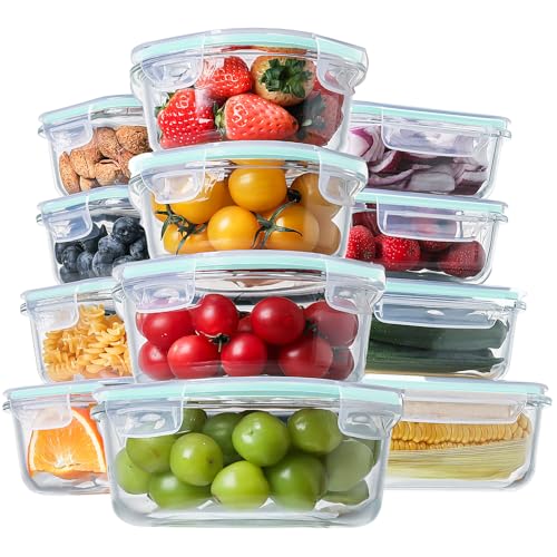 HOMBERKING 24pc Glass Food Storage Containers with Lids, Glass Meal Prep Containers, Airtight Bento Boxes, BPA Free & Leak Proof, Pantry Kitchen Storage(12 lids & 12 Containers) - Blue - color: Blue