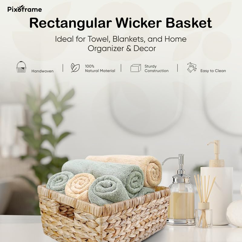 Large Rectangular Handwoven Wicker Basket - Natural Water Hyacinth Storage Baskets with 2 Built-in Handles - Ideal for Towel, Blankets, and Home Organizer & Decor - 15"x 11"x6.75" - Brown - size: 15Dx11Wx6.75H