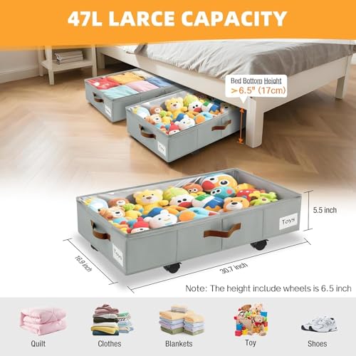 Under Bed Storage with Wheels,Underbed Storage with Sturdy Sidewalls/Bottom, Clear Cover, Label and PU Handle, Rolling Under Bed Drawers for Clothes, Shoes, 5.5 Inch Height,Grey, 2 Pack - color: Grey 2 Pack, size: 6.5 inch
