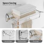 BESy 24 Inch Polished Chrome Towel Racks, Bathroom Towel Shelf with Foldable Towel Bar Holder and Towel Hooks, Wall Mounted Multifunctional Bathroom Accessories, Double Towel Bars - color: Chrome