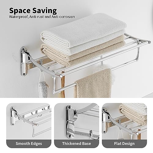 BESy 24 Inch Polished Chrome Towel Racks, Bathroom Towel Shelf with Foldable Towel Bar Holder and Towel Hooks, Wall Mounted Multifunctional Bathroom Accessories, Double Towel Bars - color: Chrome