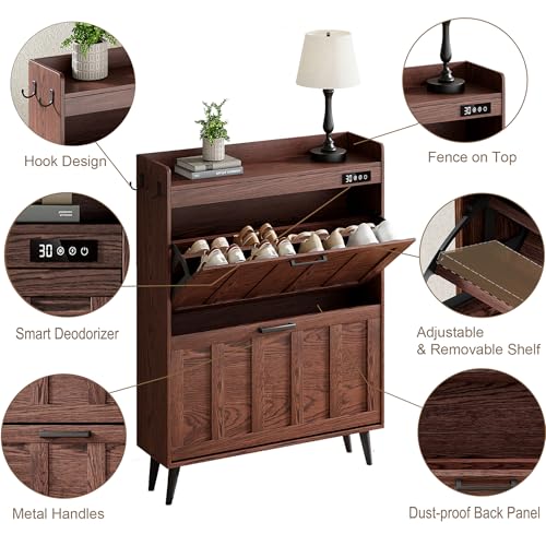 ChooChoo Shoe Storage Cabinet with 2 Flip Drawers, Deodorizing Shoe Organizer Storage for Entryway, Freestanding Hidden Slim Narrow Shoe Rack Cabinet, Walnut - color: Walnut, size: 2-Drawers