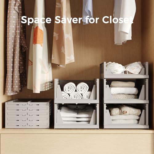 Pinkpum 5 Pack Folding Closet Organizers Storage Box, Stackable Plastic Drawer Basket for Clothing, Stackable Storage Bins Shelf Storage Container for Closet Wardrobe Bedroom Bathroom Office (Grey) - color: Grey