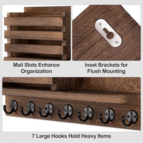 Lwenki Key Holder for Wall – Decorative Wooden Mail Holder and Key Shelf with Mounting Hardware, Installation Guide – Paulownia Wood with Metal Key Hooks (Brown, Extra Large - 15.6inch) - color: Brown, size: Extra Large - 15.6inch
