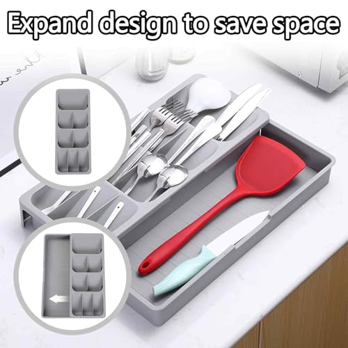 Expandable Kitchen Drawer Organizer Tray, 15.9×10.3×2.2in,Adjustable Silverware Storage for Spoons,Forks,Knives, Compact Cutlery Holder Saves Space(Grey)