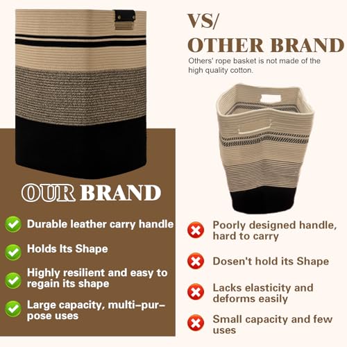Laundry Hamper, 95L Tall Laundry Basket with Leather Handles, Rectangle Large Clothes Hamper for Organizing, Cotton Woven Laundry Baskets Storage Hampers for Bedroom, Nursery, Living Room - color: Jute& Black, size: 95L