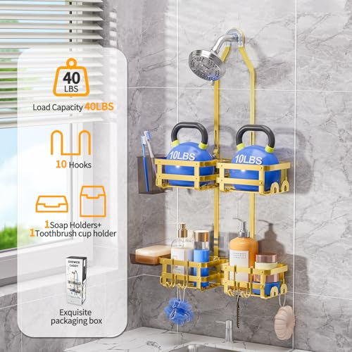 GAOKASE Aluminum Shower Caddy Hanging, Never Rust Shower Organizer- 4 Levels with adjustable Height 10 Hooks for Razor/Sponge - Rack with Soap Basket (Gold) - color: Gold