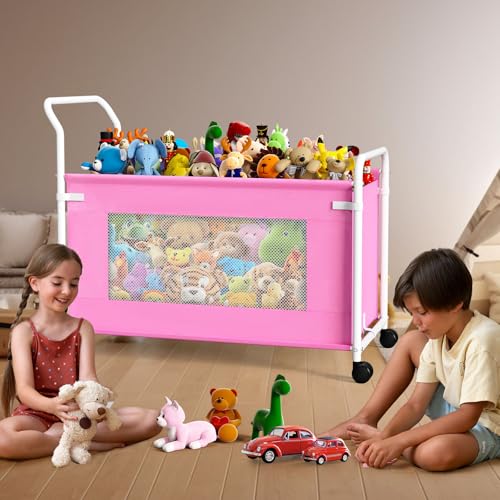 KEEGH Extra Large Toy Box for Kids with 360° Rotating Wheels, Heavy Duty Toy Chest for Boys and Girls, Toy Storage Organizer for Kids, Toy Bins for Living Room, Nursery, Bedroom (Pink) - color: Pink