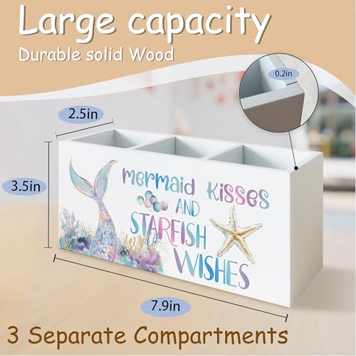 Pastel Mermaid Beach Pen Pencil Holder Organizer for Desk, Mermaid Gifts for Girls Women, Coastal Ocean Starfish Coral Wooden Box Block Sign for Home Classroom Dorm Office Tabletop Decor - color: Mermaid