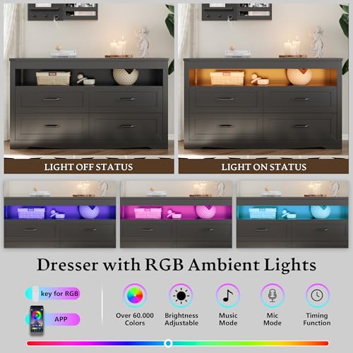 Dresser for Bedroom with 4 Drawers, Farmhouse Chest of Drawers with Natural Texture and LED Lights, Wide Wood Rustic Closet Storage Organizer, Modern Dresser TV Stand for Living Room, Entryway, Black - color: Black, size: 13.8"D x 47.2"W x 29.5"H (4 Drawe