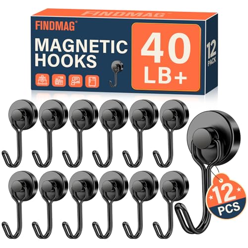 FINDMAG 40LB Magnetic Hooks, Heavy Duty Neodymium Hooks, Strong Hanging Hooks for Kitchen, Office, Garage, Warehouse, Black, Pack of 12 - color: Black, size: 12Pack 40Lbs+