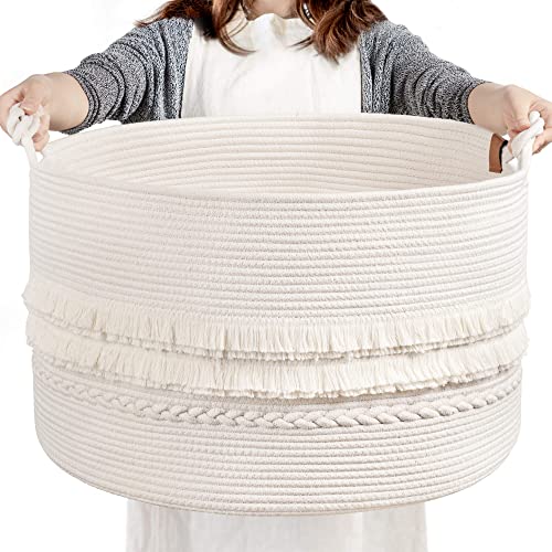 CherryNow 22"x22"x14" Large Blanket Basket, Home Décor for Living Room Bedroom, Boho Decorative Laundry Basket for Clothes, Baby Toy Storage, White - color: Off-white, size: 83L (22"W x 14"H)