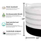 R RUNKA XXXLarge Cotton Rope Basket 22" X 22"X 14" Blanket Basket for Living Room Woven Basket Soft Baby Laundry Blanket Basket Nursery Bin Toy Basket with Handle White+Black - color: White+Black