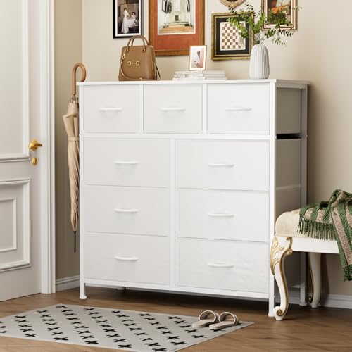 Sweetcrispy 9-Drawer Fabric Dresser Storage Tower with Wood Top and Steel Frame, Organizer Chest with Easy Pull Handles for Bedroom, Closet, Hallway,Pure White - color: White, size: 11.8"D x 39.6"W x 39.8"H (9 Drawers)