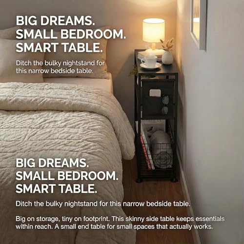 Skinny Side Table with Storage, 3 Tier Slim Side Tables for Small Spaces, Skinny End Table Narrow Bedside Table Narrow Side Table for Living Room, Bedroom - color: Black