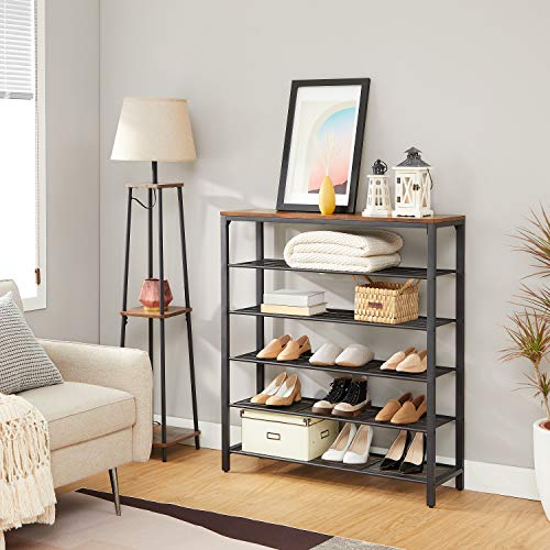 VASAGLE 6-Tier Shoe Rack, Shoe Organizer for Closet, Entryway, 24-30 Pairs of Shoes, Large Shoe Rack Organizer with 5 Metal Mesh Shelves, 11.8 x 39.4 x 43.3 Inches, Rustic Brown and Black ULBS016B01 - color: Rustic Brown, size: 6 Tiers (39.4"W)
