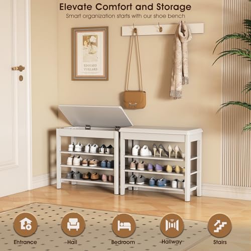 IUNVR Shoe Rack Bench Seat Rubberwood 3-Tier Wooden Storage Bench 550lbs Compact Mid-Century Modern Design for Entryway, Hallway, Closet, Front Door Entrance, Foyer - color: White-3 Tier(wood), size: 23.6"W x 11.8"D x 20.5"H