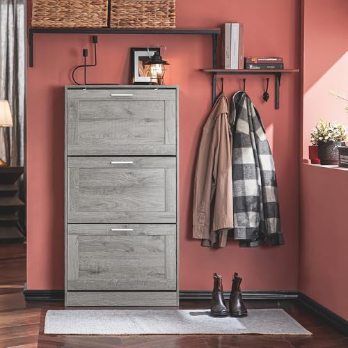 Haotian Shoe Storage Cabinet Entryway, Freestanding Shoe Cabinet with 3 Flip-Drawers Fully Enclosed Tall Shoe Rack Shoe Organizer, Grey, FSR137-L-HG - color: Grey, size: 3-Drawers